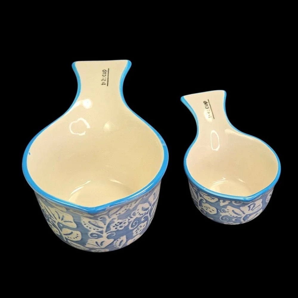 Sparrow and Wren Ceramic Measuring Cups Set 4 Blue Floral Leaf Kitchen Cooking